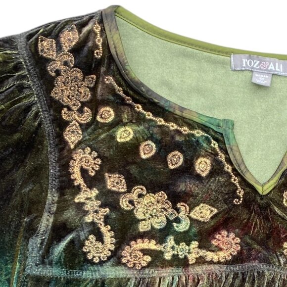 Velvet Embroidered Mesh Babydoll Top Green Artsy Whimsigoth Dark Fairy Grunge-1X - Picture 10 of 16